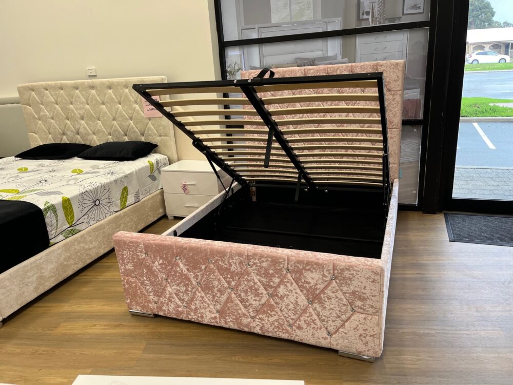 Ember Velvet Gas Lift Storage Queen Gas Lift Storage Bed in Pink